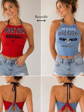 Reversible tie back halter Red Boston Baseball/Blue Naval AcademyHalter Tank Top